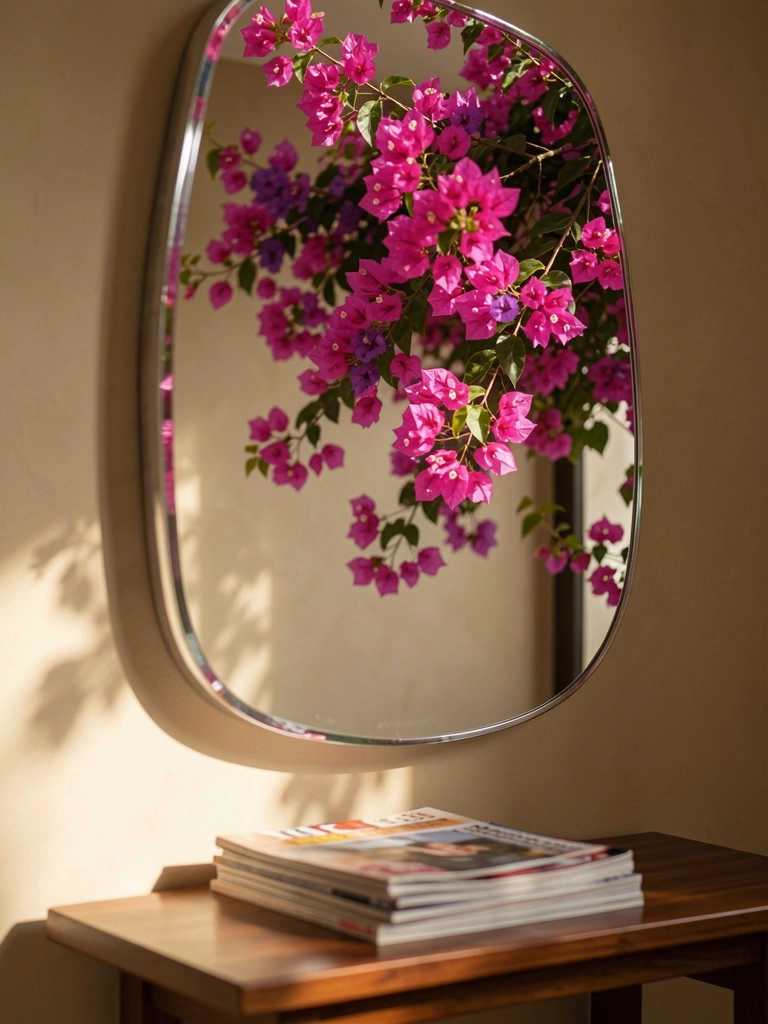 Espelho curvo reflete galho de buganvília com flores rosa e roxo, mesa de madeira escura com revistas ao fundo, luz natural difusa.