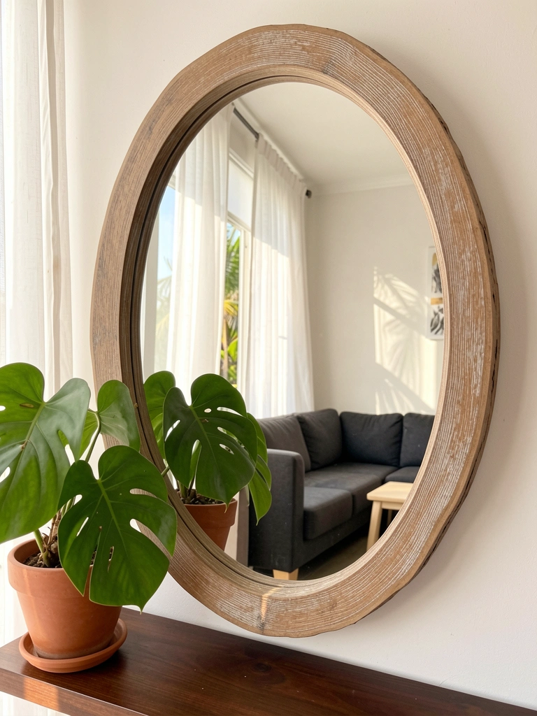 Espelho oval com moldura de madeira clara e acabamento desgastado, refletindo sofá cinza e vaso de monstera em folhagem verde brilhante, luz natural.