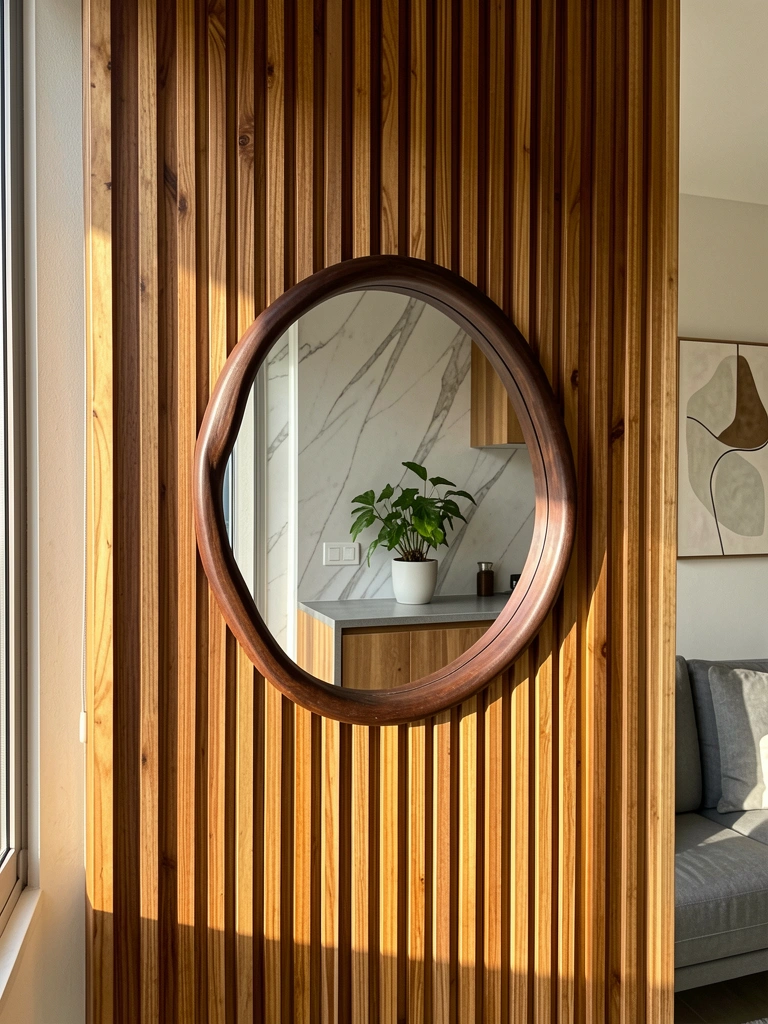 Painel de ripas de madeira com espelho circular refletindo cozinha de bancada cinza e parede marmorizada, luz natural e sombra alongada.