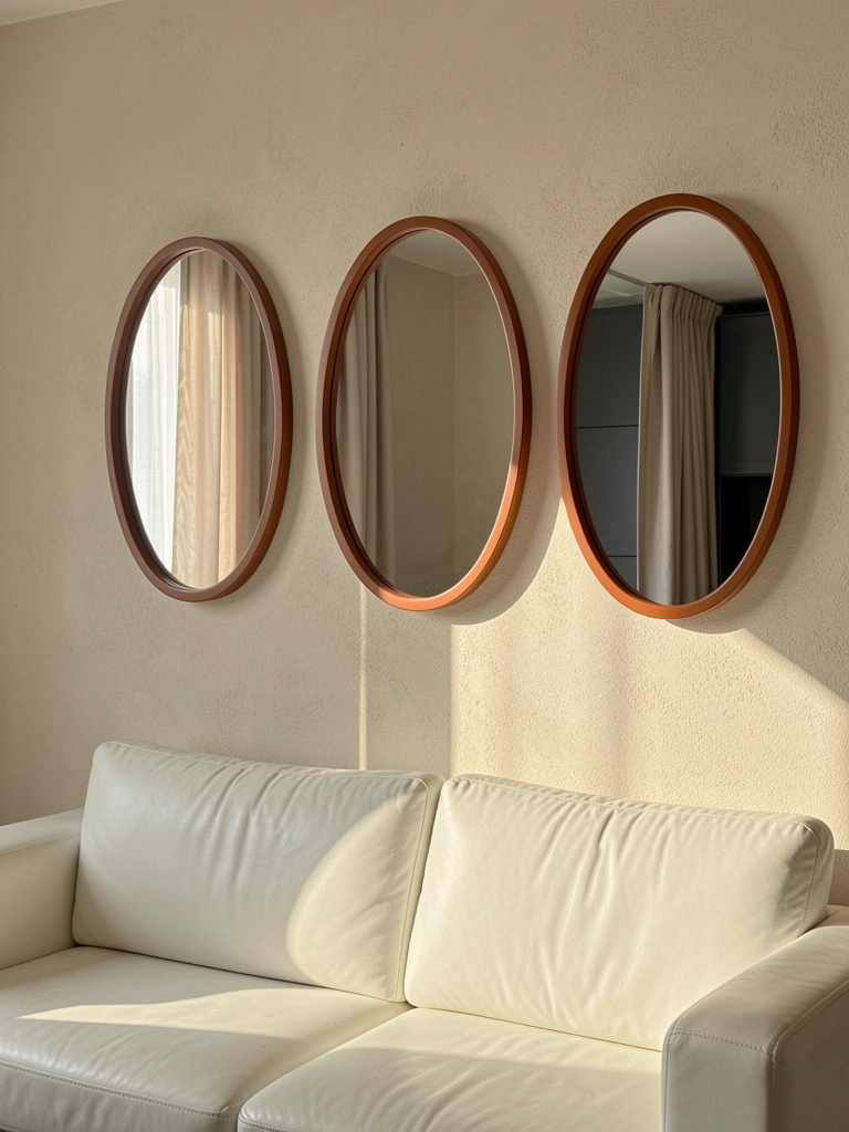 Três espelhos ovais de moldura marrom em parede texturizada bege, sofá de couro branco reflete a sala, luz natural cria sombras suaves.