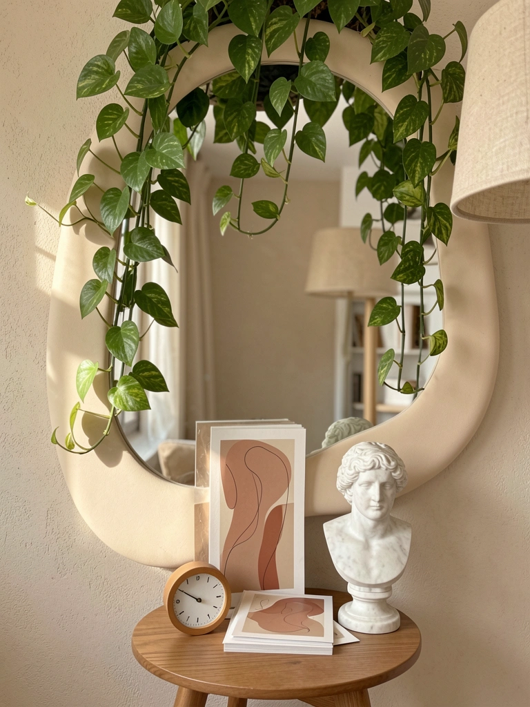 Espelho orgânico com moldura bege reflete pothos pendente, mesa redonda de madeira com busto de mármore e gravuras abstratas, luz natural suave.
