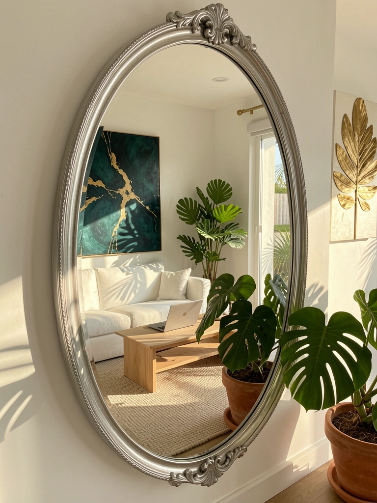 Espelho oval prateado reflete pintura verde-escura e dourada, mesa de madeira clara com laptop e vaso de terracota com Monstera, luz natural de janela.