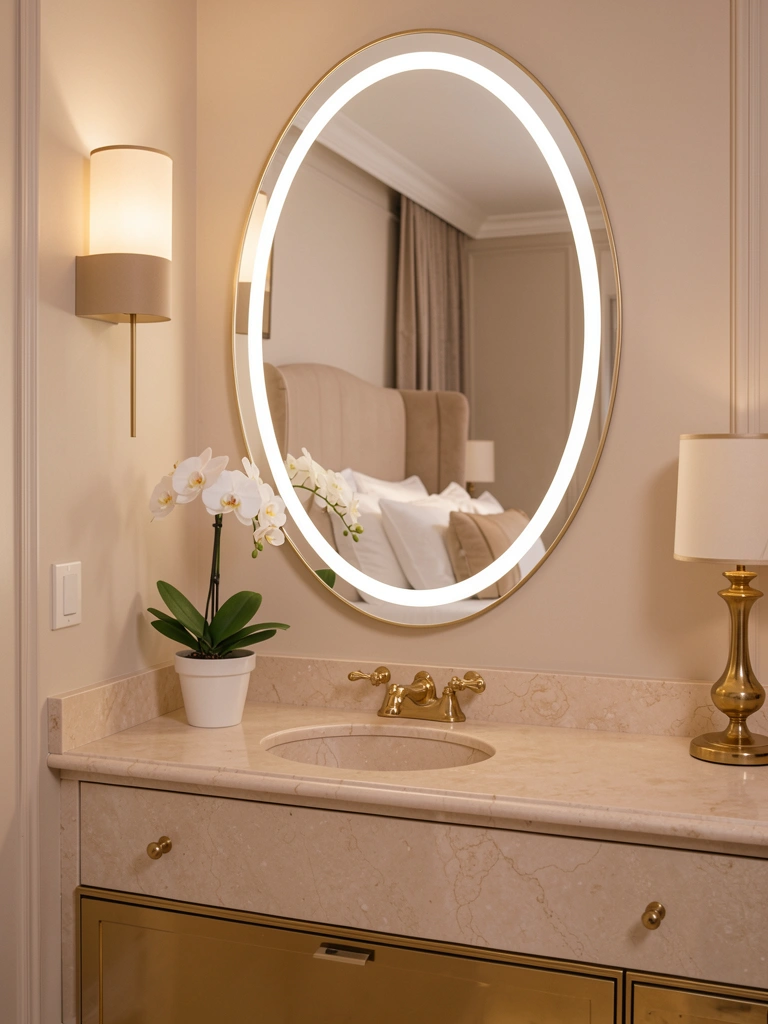 Lavabo com espelho oval iluminado, bancada de mármore bege e torneiras douradas, orquídea branca ao lado da pia.