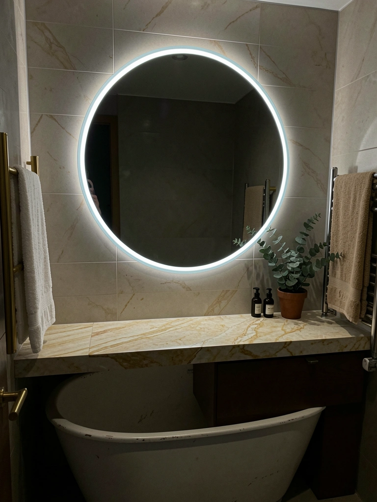 Espelho redondo com halo de LED aceso atrás do vidro, fixado em parede escura de banheiro