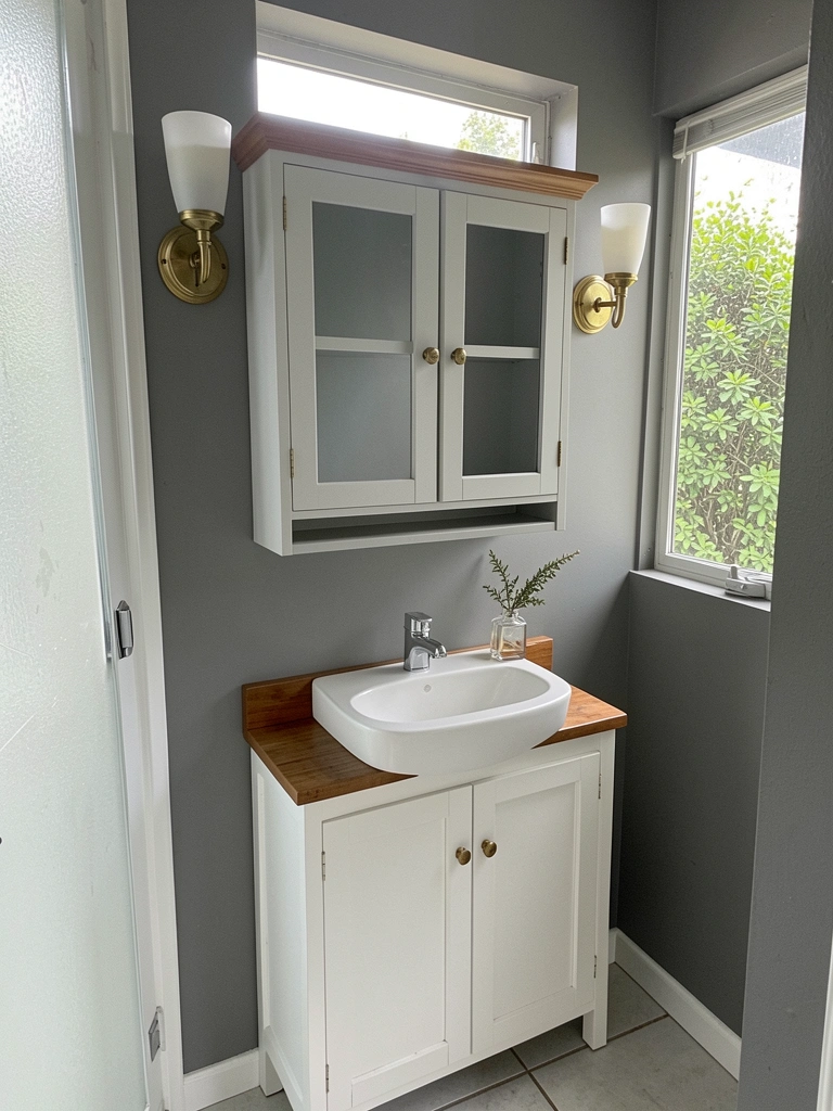 Colagem com quatro ambientes: lavabo com espelho redondo, suíte com bancada dupla, banheiro infantil e canto de maquiagem iluminado.