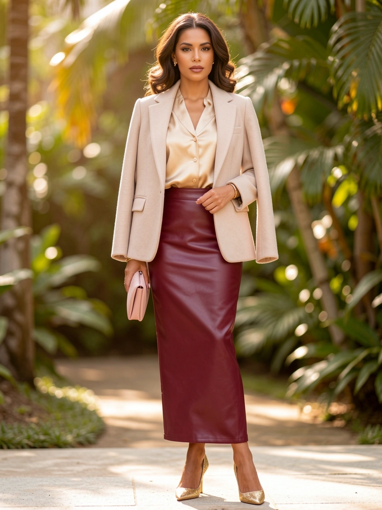 Luz difusa destaca texturas de lã, couro e seda em blazer bege, clutch rosa e saia lápis vinho, com detalhes dourados.