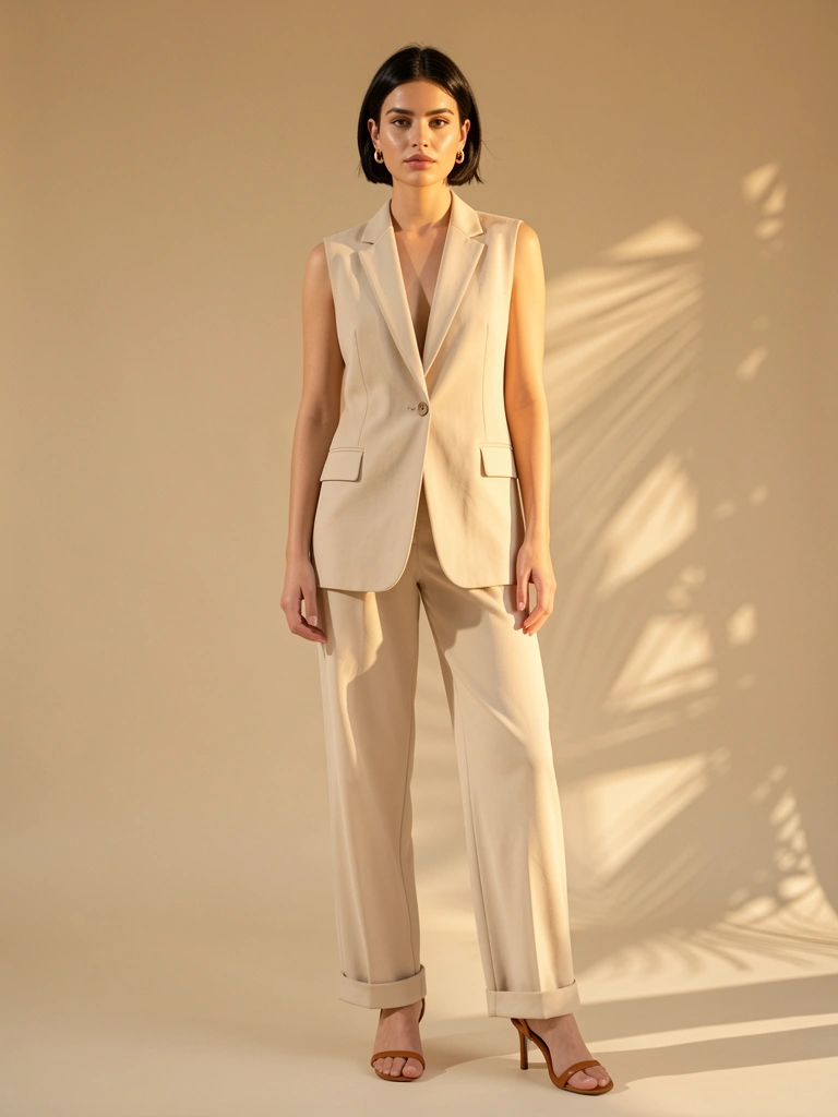 Mulher de blazer bege claro e calça wide-leg, com brincos de ouro e sandálias de tiras, em fundo neutro iluminado por luz quente.
