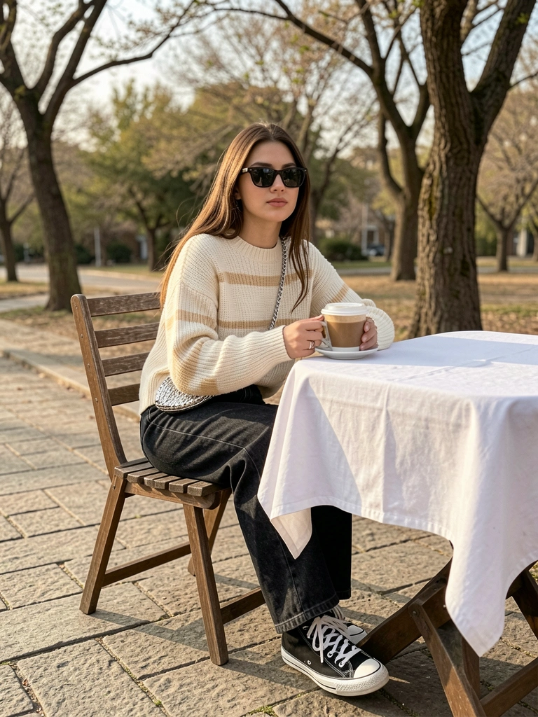 Mulher jovem com suéter listrado creme, calça jeans wide-leg escura e tênis preto, sentada em mesa de madeira ao ar livre com café, óculos escuros e bolsa prateada, luz natural e árvores ao fundo.