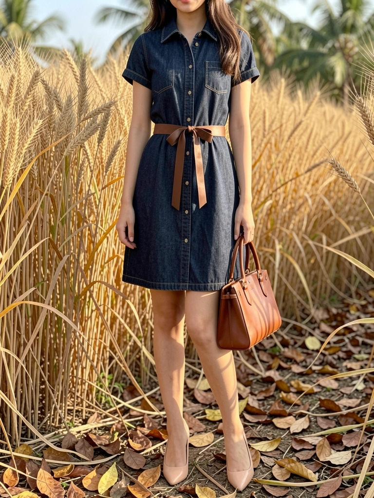 Mulher de vestido jeans e cinto marrom em campo de trigo, bolsa de couro e folhas secas ao fundo, luz natural quente.