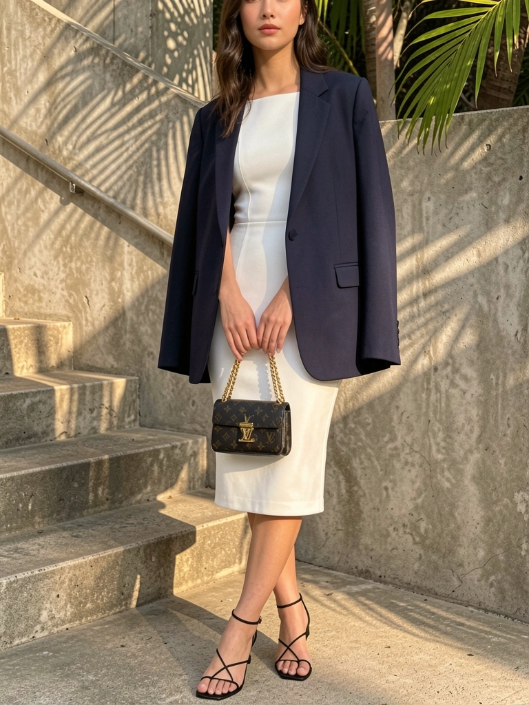 Blazer azul-marinho oversized sobre vestido branco, bolsa Louis Vuitton preta com corrente dourada, parede de concreto texturizado com luz natural.