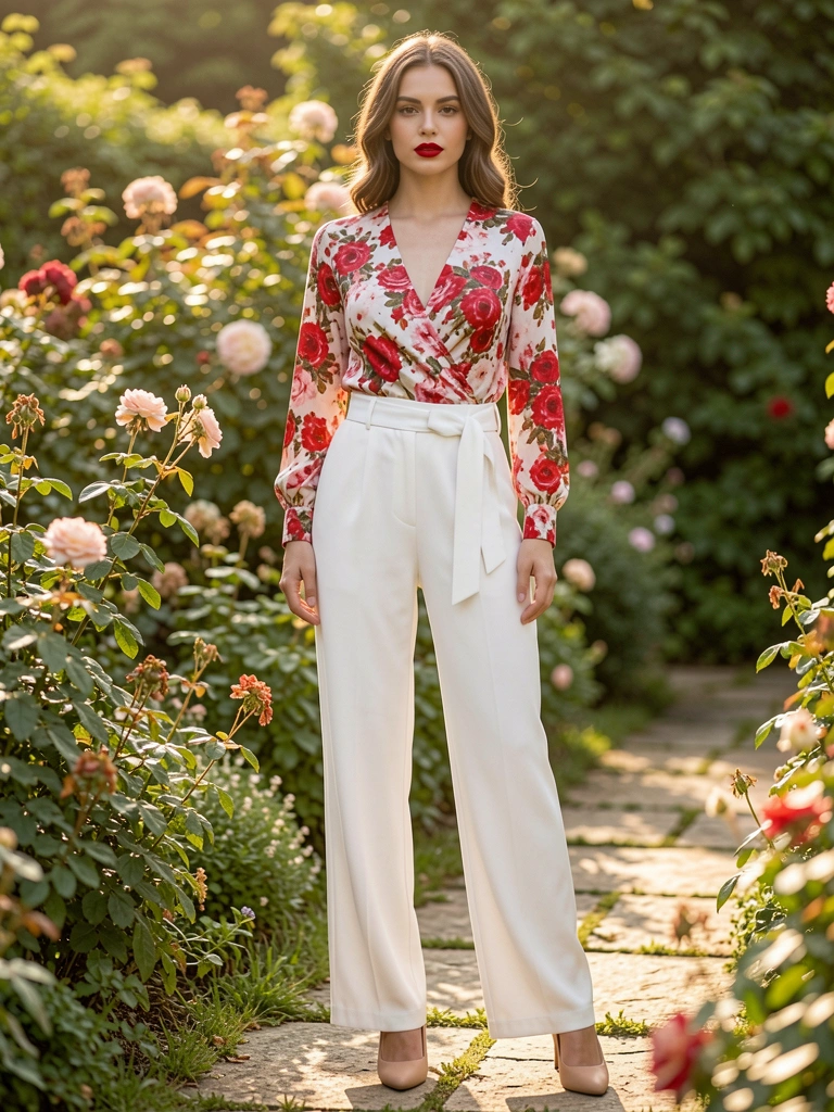Terno branco de alfaiataria com estampa floral vermelha e rosa em jardim ensolarado, pedras no caminho e flores ao fundo.