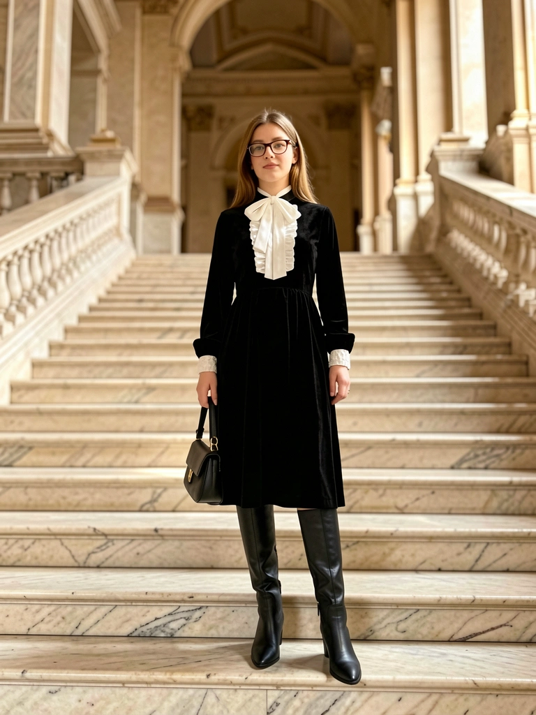 Mulher de vestido preto de veludo e botas de cano alto em escadaria de mármore com corrimão dourado, luz natural aquecendo a cena.