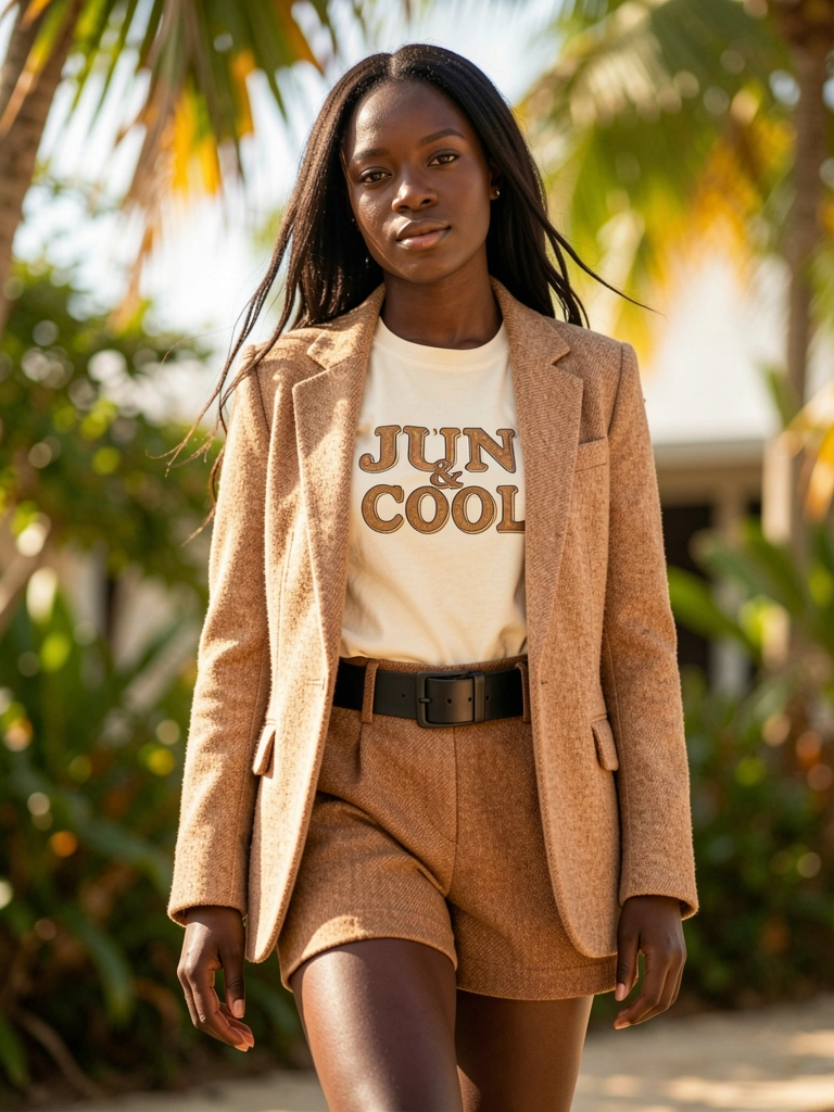 Mulher negra de blazer tweed marrom e camiseta gráfica JUN & COOL, shorts combinando com cinto preto largo, luz natural filtrada por folhagens.