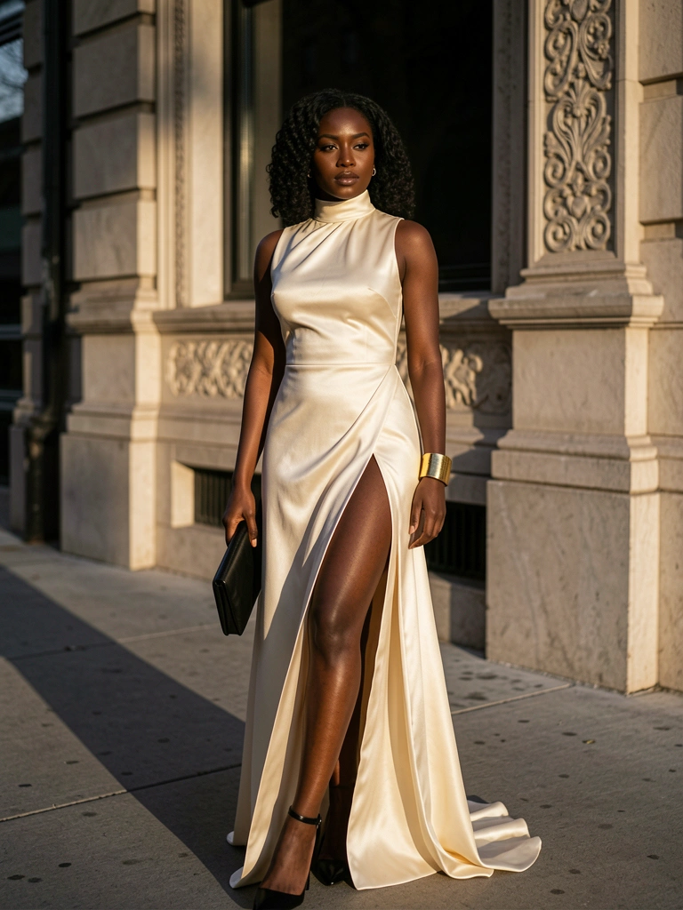 Mulher negra com vestido longo creme de cetim e fenda, segurando bolsa preta, em frente a fachada ornamentada com luz natural e sombras alongadas.