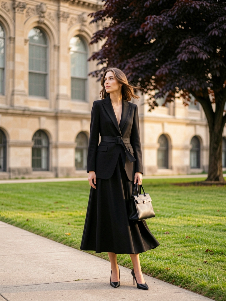 Mulher de blazer preto e cinto largo, saia midi e scarpins, segurando bolsa de couro, em gramado com edifício ornamentado e árvore ao fundo, luz natural difusa.