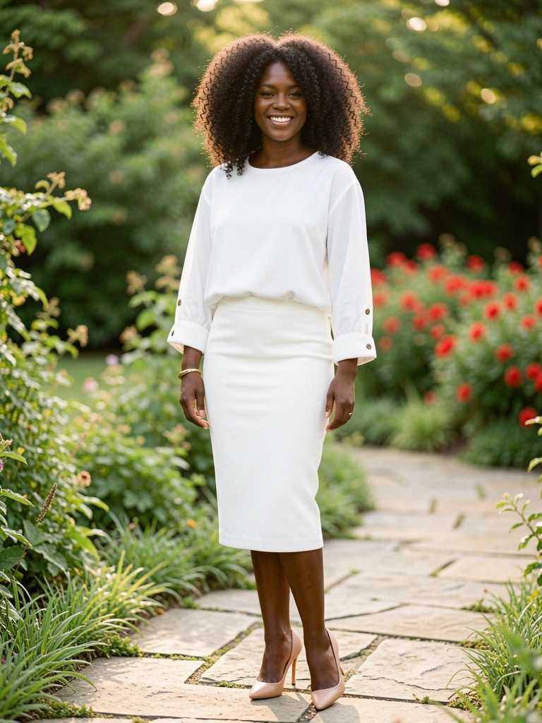Mulher negra de cabelos crespos volumosos e sorriso radiante, vestindo terno branco e blusa oversized com detalhes de botões nos punhos, pulseira dourada no pulso esquerdo e scarpin nude, em jardim com caminho de pedras e flores vermelhas ao fundo, sob luz natural diurna.