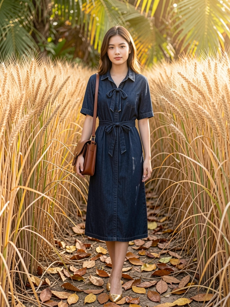 Mulher de vestido jeans com laço na cintura entre espigas de trigo douradas, bolsa de couro marrom e sapatos de salto dourados, luz natural quente.