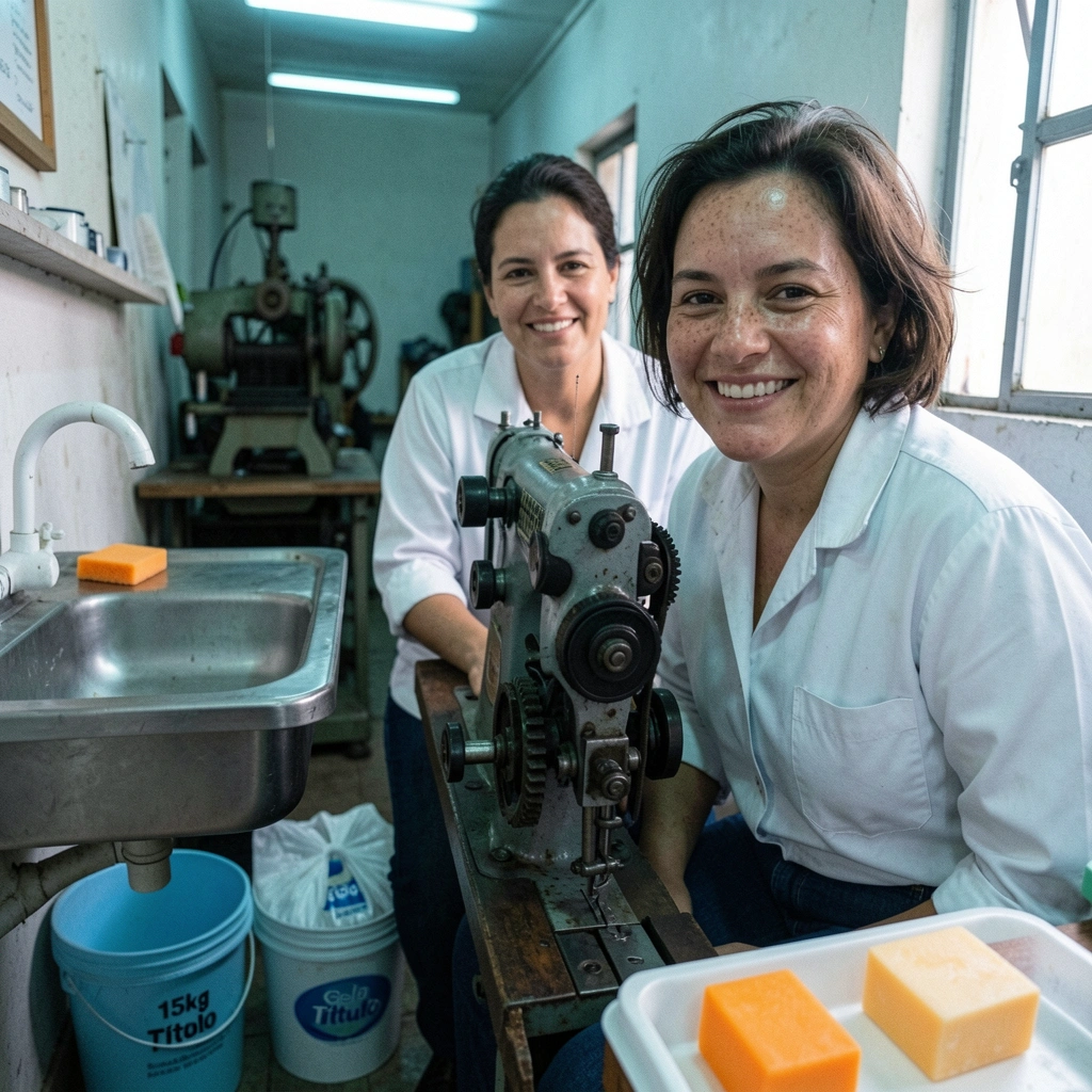 Mulher sorrindo ao lado de uma máquina de costura em ambiente doméstico.