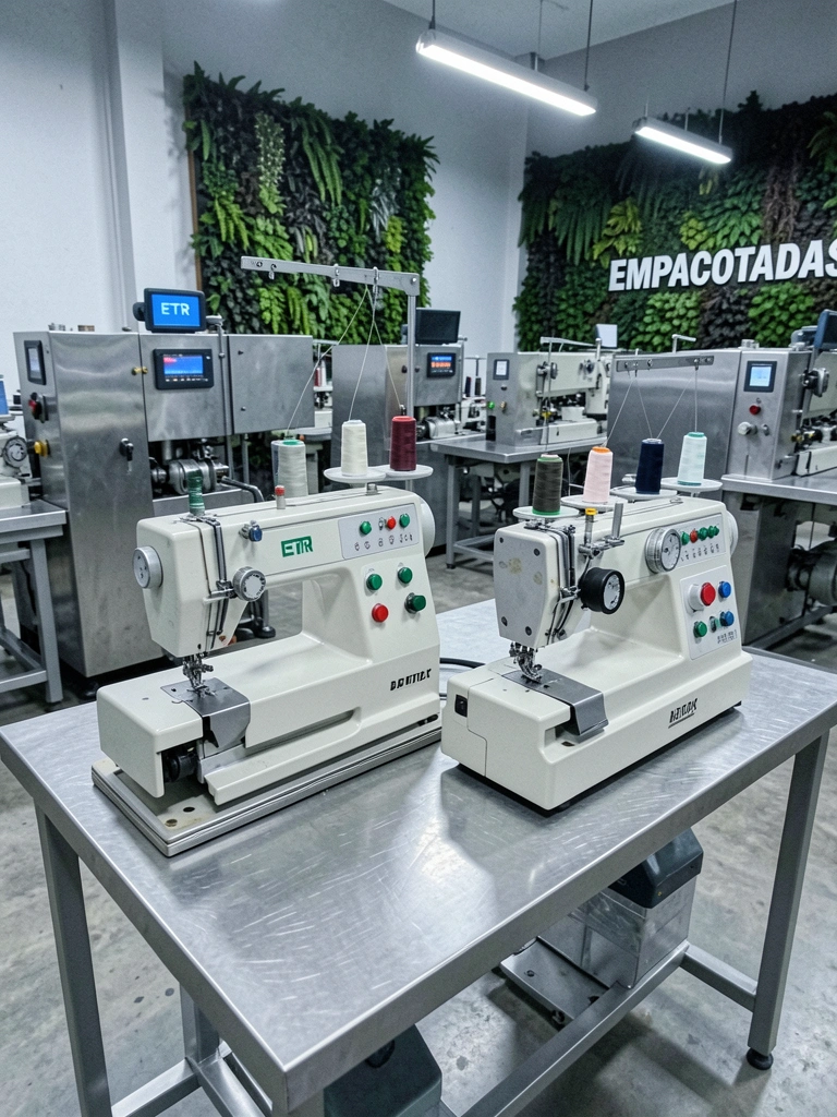 Máquina de costura reta e overlock sobre mesa, com fios e tecido ao lado.