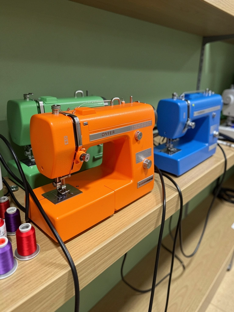 Três máquinas de costura diferentes sobre uma mesa: reta, overlock e galoneira.