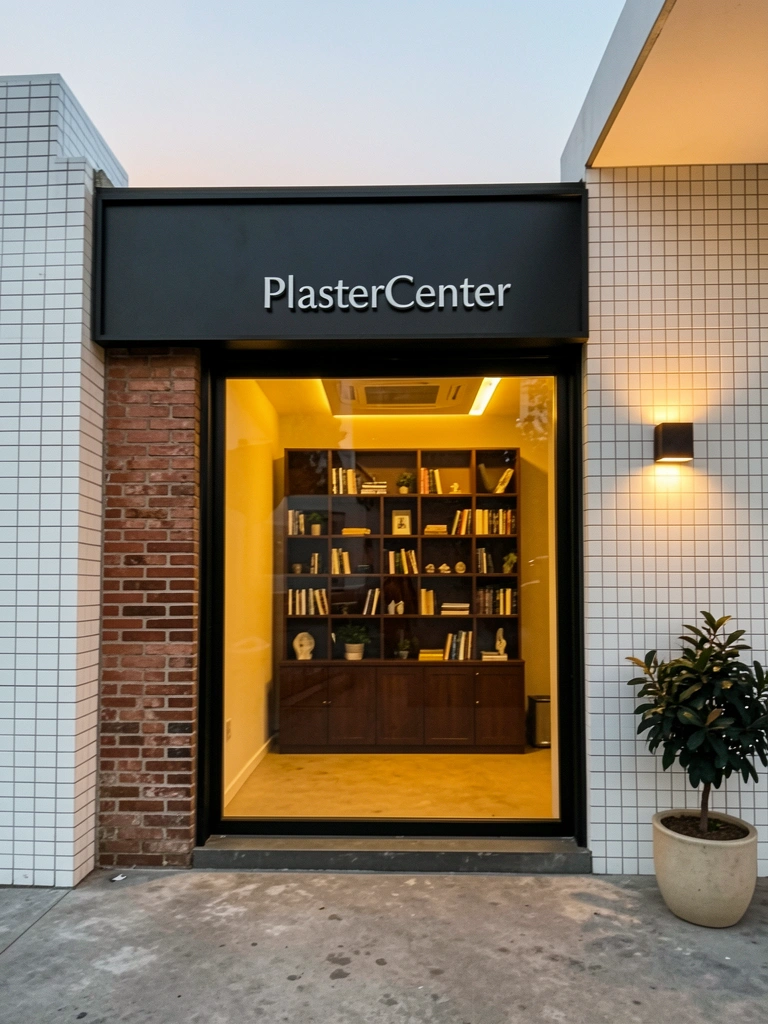 Fachada de loja moderna com vitrine iluminada e letreiro em destaque.
