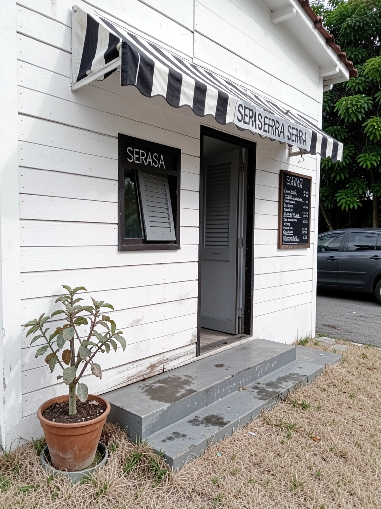 Fachada de loja com pintura clara e letreiro simples em preto, calçada estreita e porta de vidro.