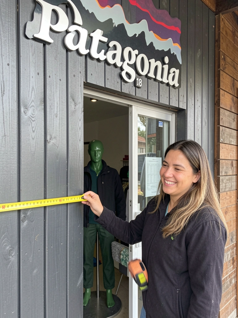 Pessoa segurando trena esticada contra a fachada de uma loja.
