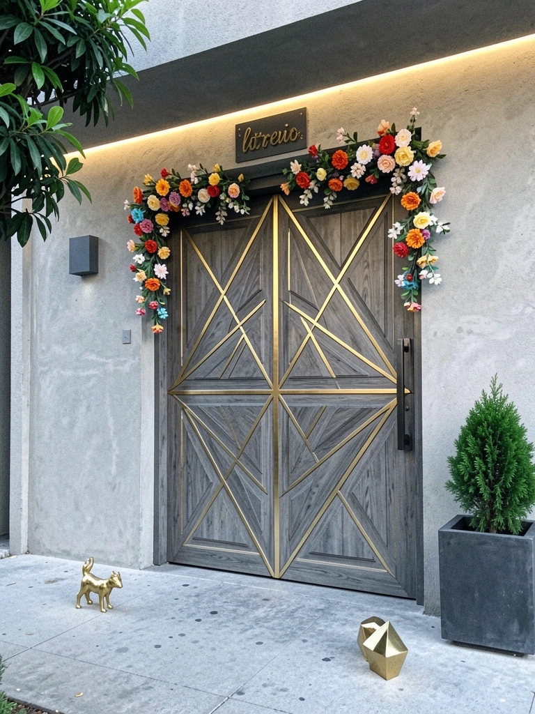 Fachada de loja com letreiro e arranjos de flores artificiais coloridas