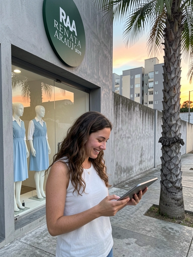 Pessoa segurando tablet com imagens de fachadas de lojas abertas na tela, em ambiente interno.