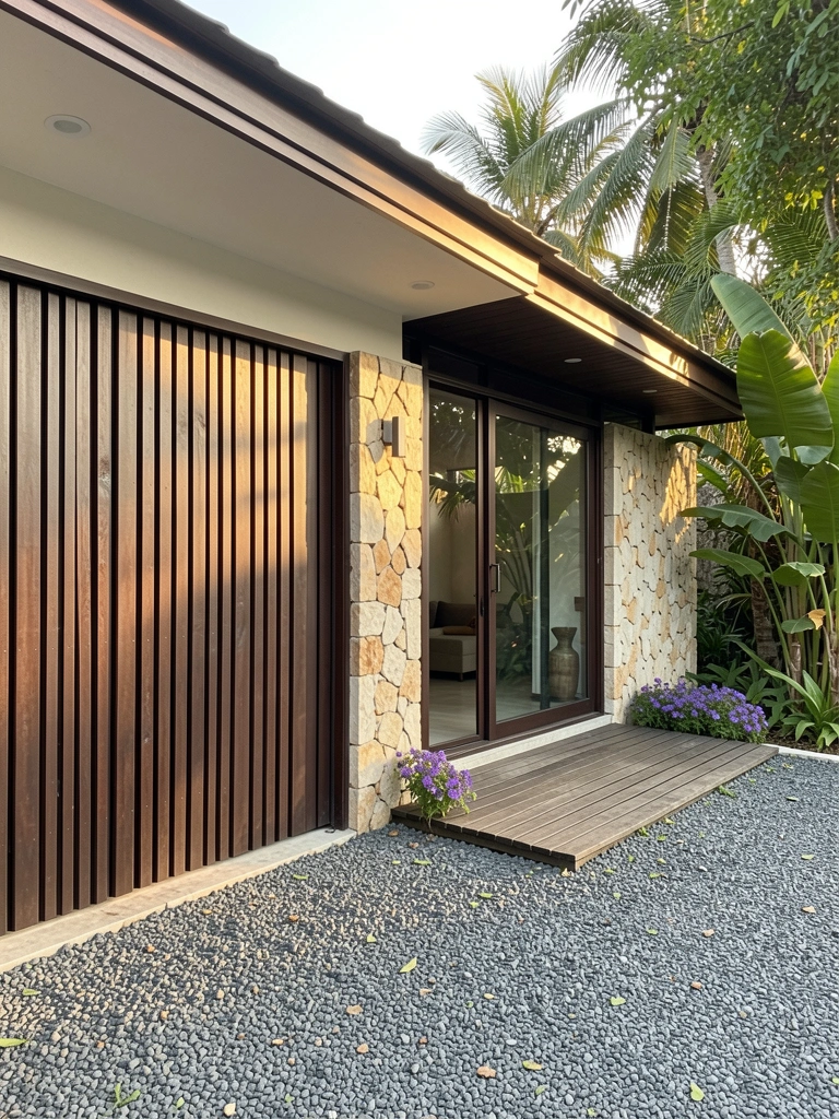 Fachada moderna com porta de garagem de madeira escura, porta de vidro e passarela de madeira, iluminada por luz natural.