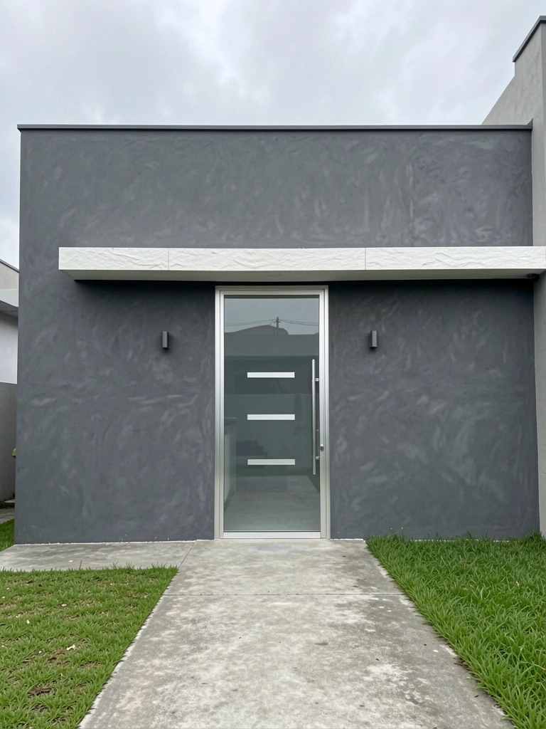 Fachada minimalista com parede de concreto cinza escuro, porta de vidro com detalhes prateados e faixa de pedra branca acima, grama verde e calçada de concreto em dia nublado.