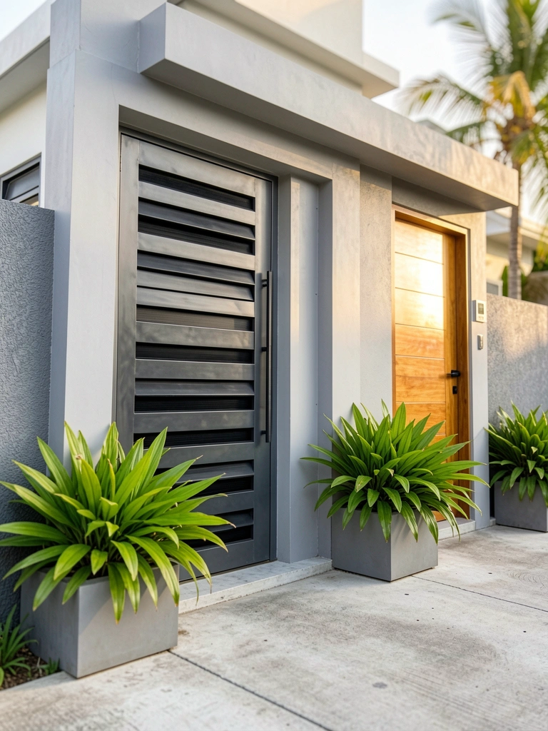 Porta de metal escuro com ripas horizontais ao lado de porta de madeira clara, plantas verdes em vasos e parede texturizada ao fundo, luz natural.