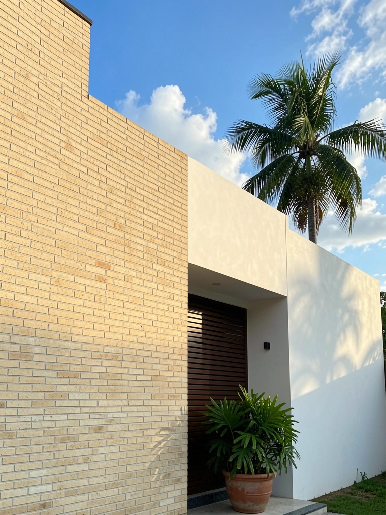 Fachada minimalista com parede de tijolo bege claro e concreto branco, entrada com janela de ripas marrom-escuras e vaso com folhagem verde, palmeira ao fundo contra céu azul com nuvens.