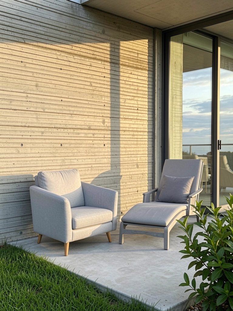 Parede de concreto com textura listrada horizontal, cadeiras estofadas cinza em pátio, grama verde e porta de vidro refletindo o céu.