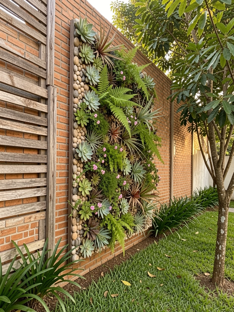 Jardim vertical em parede de tijolos avermelhados com suculentas, samambaias e trepadeiras, pedras soltas e cerca de madeira desgastada, luz natural.