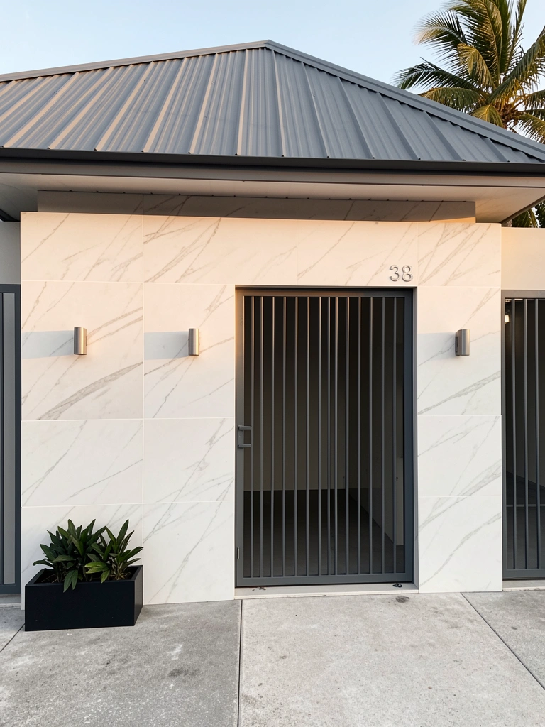 Fachada branca minimalista com porta de garagem de grade escura, vaso preto com planta verde e luzes embutidas, número 38 na parede.