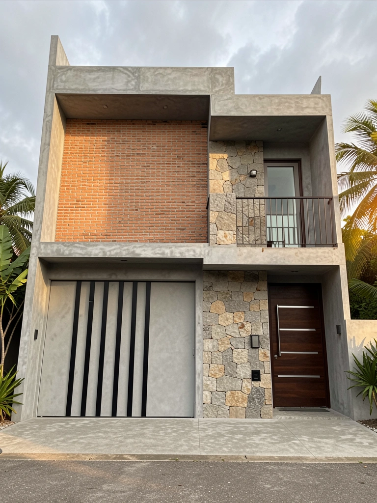 Fachada de concreto cinza com parede de pedra texturizada, porta de madeira escura e garagem com detalhes pretos verticais, luz natural do dia sob céu nublado.