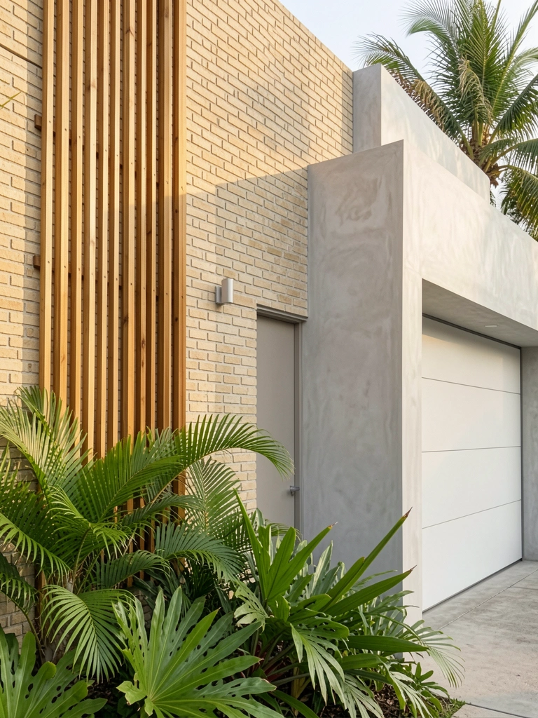 Fachada com parede de tijolos bege e estrutura de concreto cinza claro, porta e porta de garagem minimalistas, ripas verticais de madeira, plantas tropicais verdes vibrantes, luz natural quente.