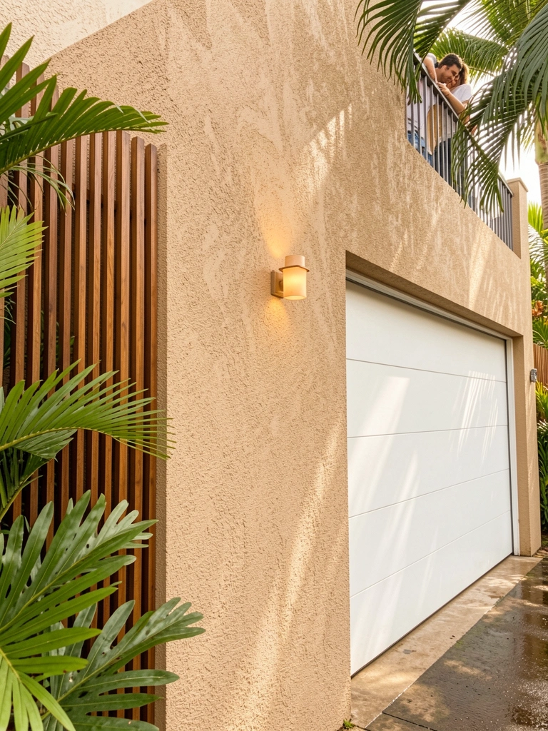 Parede texturizada bege com porta de garagem branca, painel de madeira, folhagens e luminária de parede; casal se abraça na sacada acima, luz natural e calçada molhada refletindo.