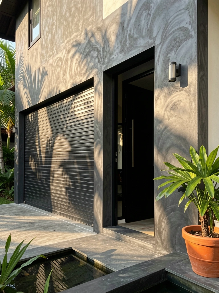Fachada de concreto cinza escuro com textura grafiato, porta preta e garagem metálica entreaberta, vaso de terracota com planta à direita, luz solar intensa projetando sombras longas.