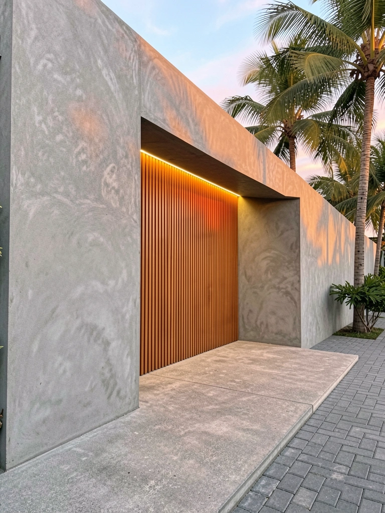 Parede de concreto cinza com entrada iluminada por fitas de LED quentes, painéis de madeira vertical e palmeiras tropicais ao fundo.