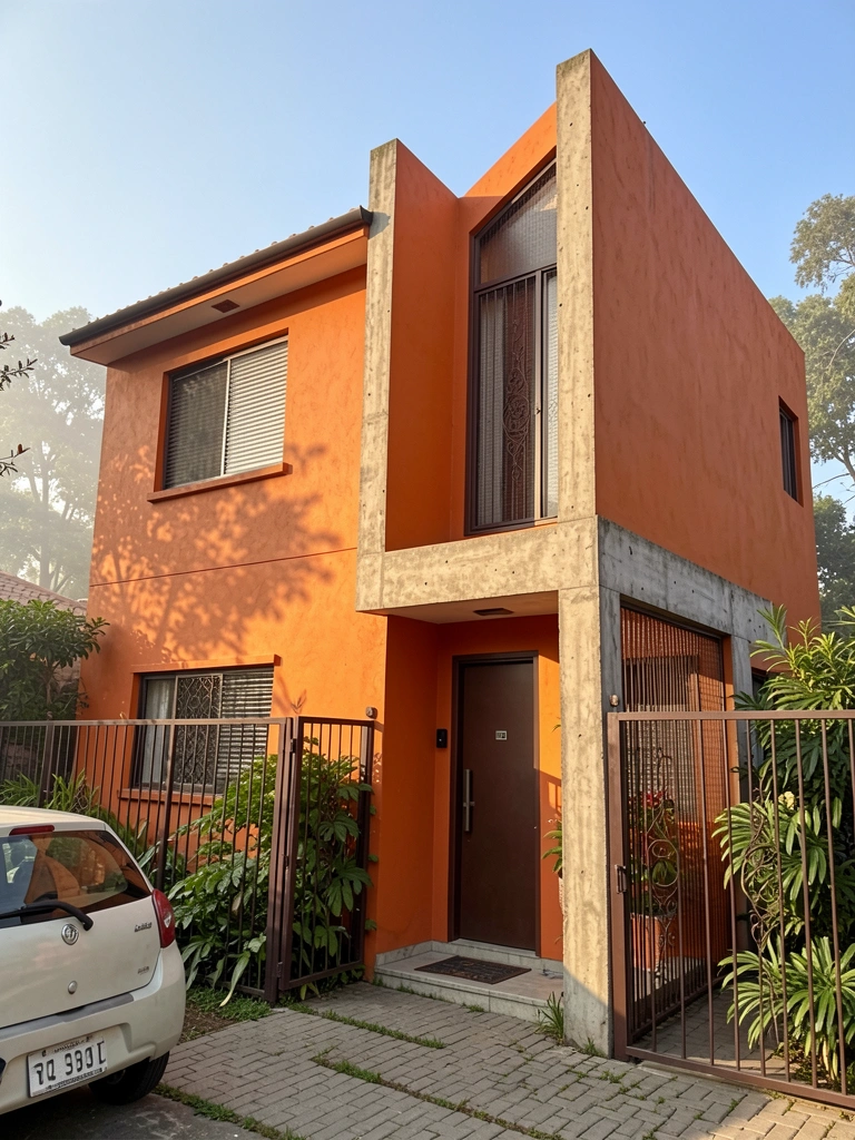 Fachada de casa com reboco laranja texturizado, porta marrom escura e tela metálica decorativa; carro claro estacionado, plantas verdes e calçada pavimentada sob luz natural.
