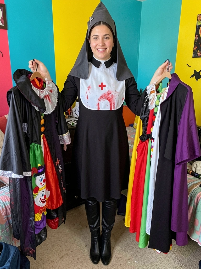 Mulher sorrindo segura cabides com fantasias coloridas em fundo vibrante.