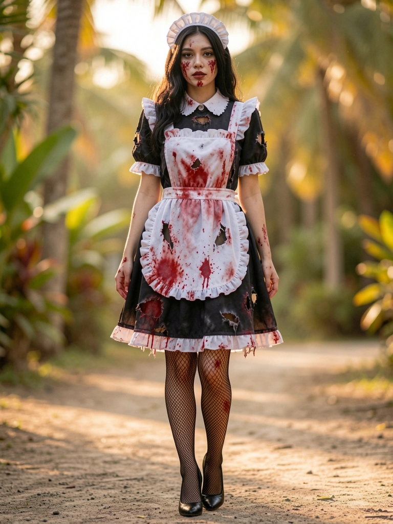 Mulher jovem com fantasia de zumbi, avental e vestido rasgados com manchas de sangue, meia arrastão e salto preto, luz natural suave e fundo desfocado com claridade tropical.