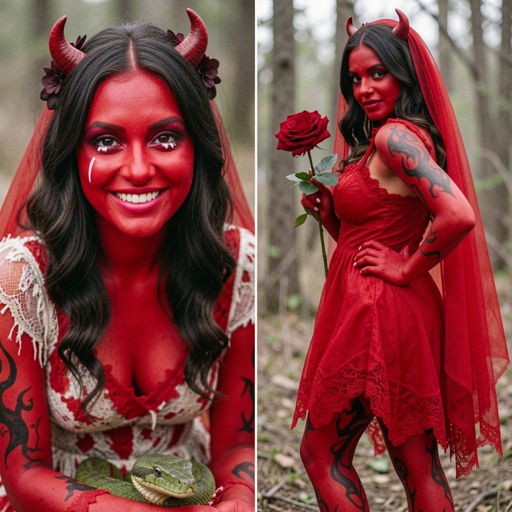 Mulher com fantasia vermelha de diaba, cauda e chifre, pose provocante em fundo escuro.