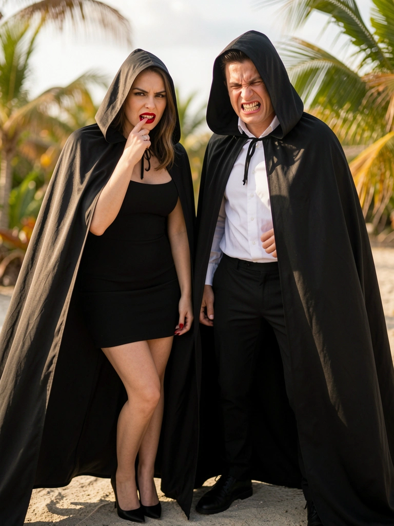 Capa preta com capuz, vestido preto justo e salto agulha em mulher de expressão ameaçadora, homem de camisa branca e calça preta com sorriso de dentes afiados, luz natural difusa com folhagens tropicais ao fundo.