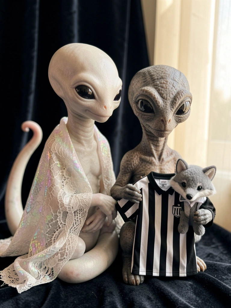 Close-up de dois alienígenas: um de pele clara e lisa com xale rendado iridescente, outro de pele cinza texturizada segurando camisa listrada e raposa de pelúcia, fundo de veludo escuro e luz natural difusa.