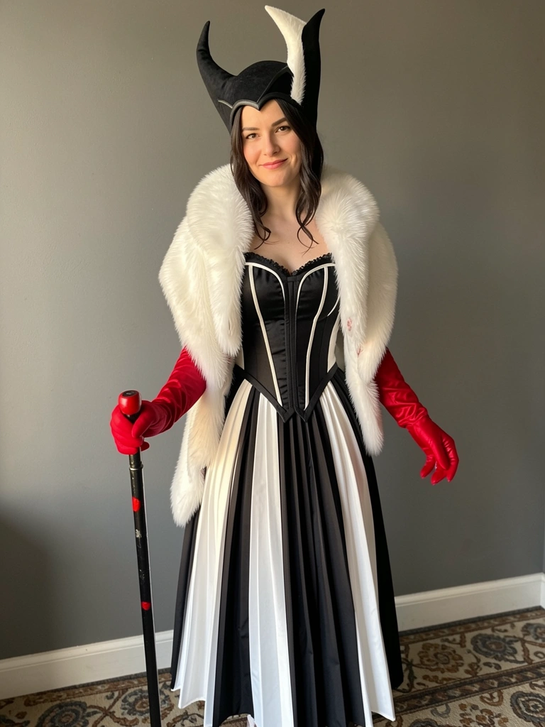 Mulher com vestido preto e branco plissado, estola de pele branca, luvas vermelhas e chapéu preto com mecha branca, segurando bengala preta com ponta vermelha, contra parede cinza e carpete estampado, luz natural.