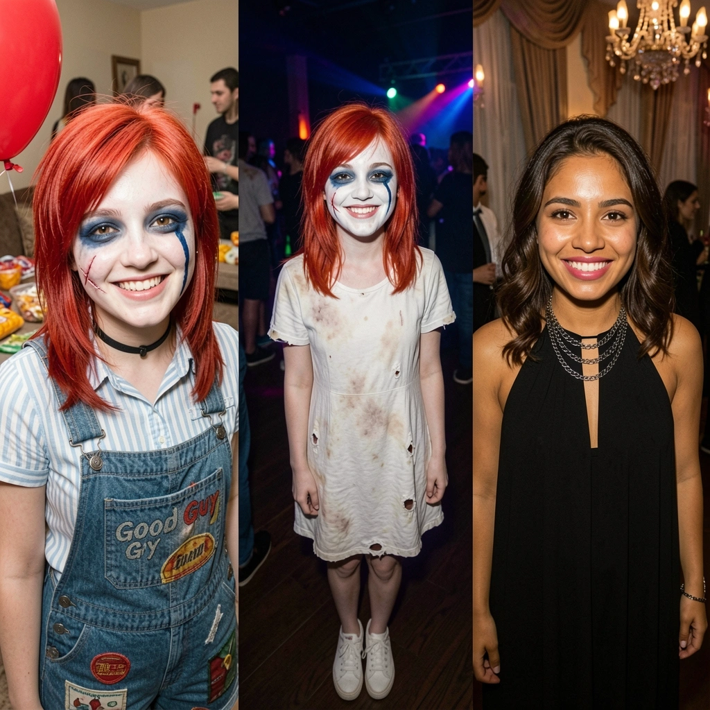 Três ambientes: festa em casa com decoração temática, balada com luzes coloridas e evento formal com trajes elegantes.