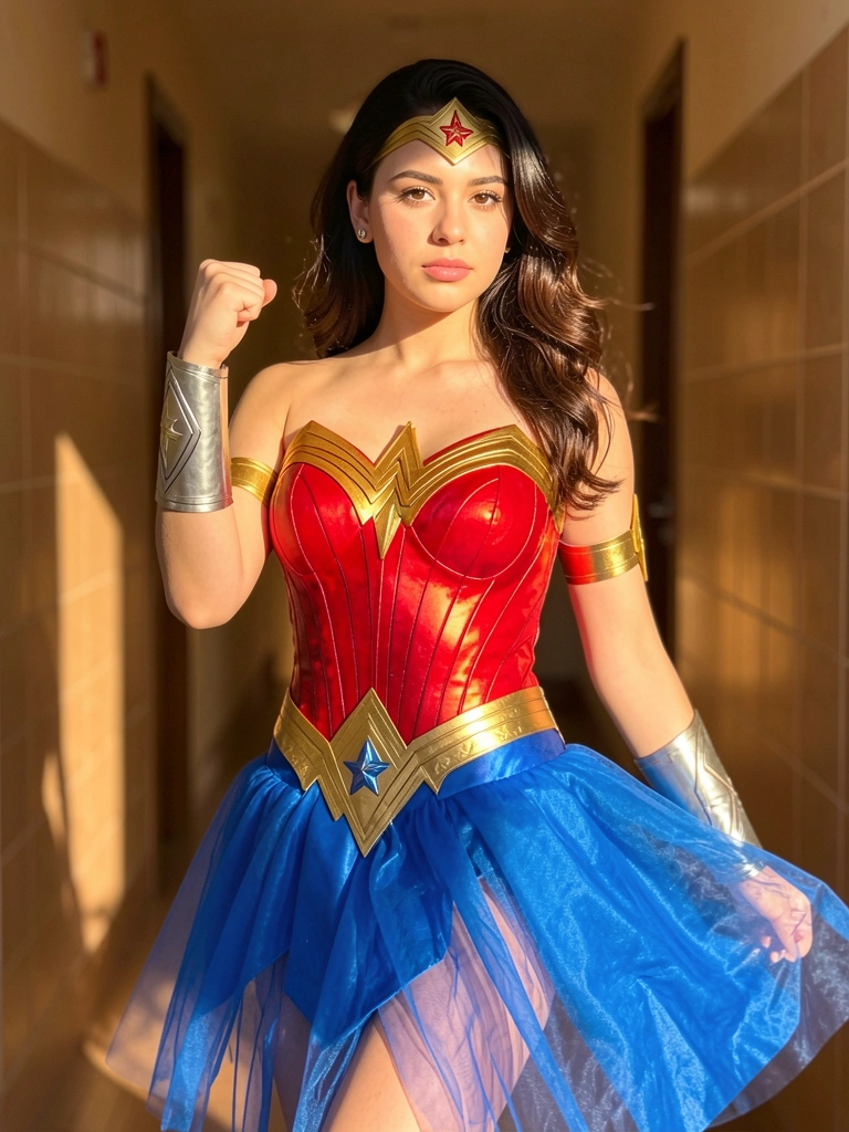 Mulher jovem em traje da Mulher-Maravilha com corpete dourado e saia de tule azul, punho erguido, luz natural e fundo de corredor desfocado.
